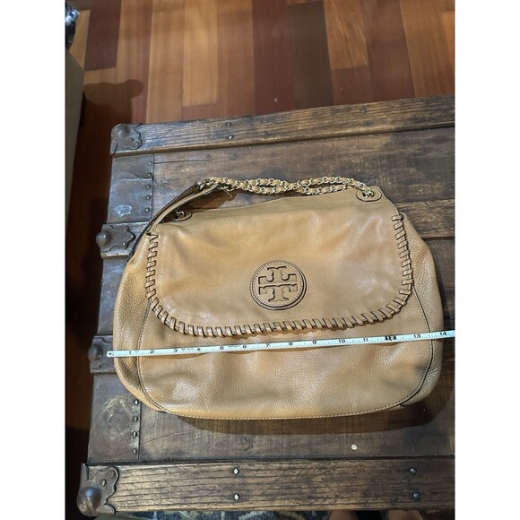 Tory Burch Marion Whipstitch Saddle Bag Tan Leather 2-way Bag Soft - Picture 9 of 10
